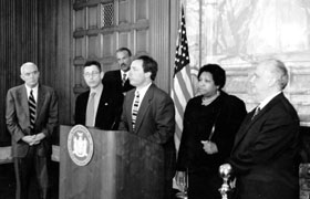 Assemblymember Hoyt joins Speaker Sheldon Silver and Assemblymembers Lentol, Aubry and Gordon at a press conference on Rockefeller Drug Law Reforms with General McCaffrey.