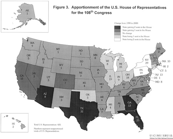 Apportionment of the U.S. House of Representatives for the 108th Congress - map
