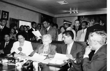 Assemblyman Adriano Espaillat witnesses signing of a memorandum of understanding between the New York State Education Department, represented by Carmen Perez Hogan, Director of Bilingual Education, NYSSED, and Dr. Milagros Ortiz-Bosch, Vice-President of the Dominican Republic, and its Secretary of Education. The memorandum of understanding will assist English Language Learners.