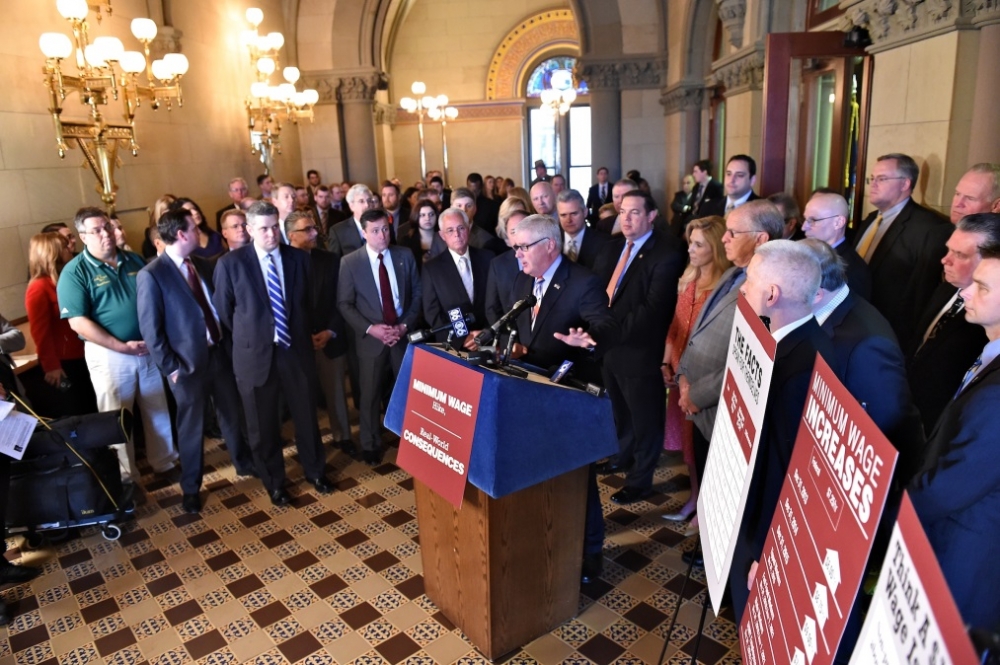 The Assembly Minority at a press conference offer alternatives to support working poor without eliminating jobs.