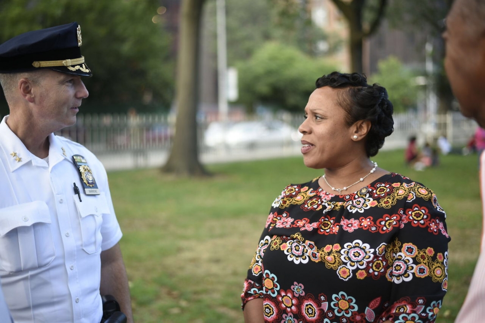 Assemblywoman Hyndman speaking with Patrol Borough South Commander David Barrere