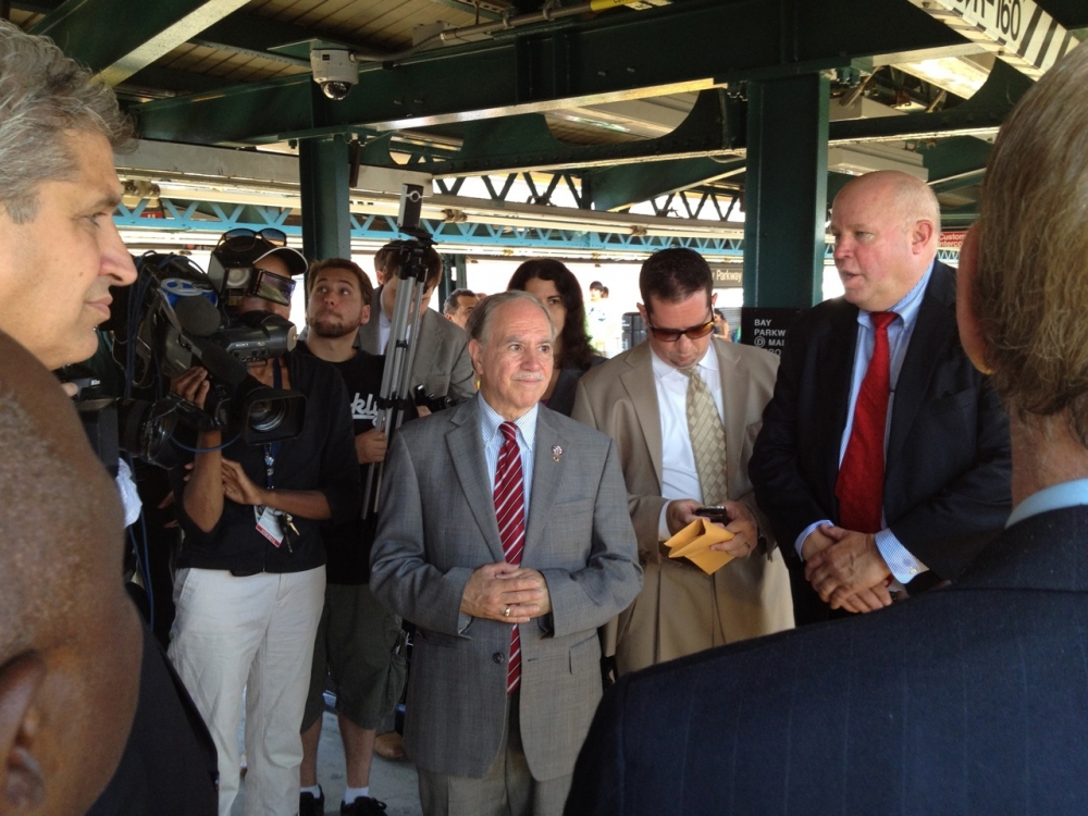 Assemblymember William Colton interviewed by the press after the successful obtaining of an elevator at the Bay Parkway Station on the 'D' line.