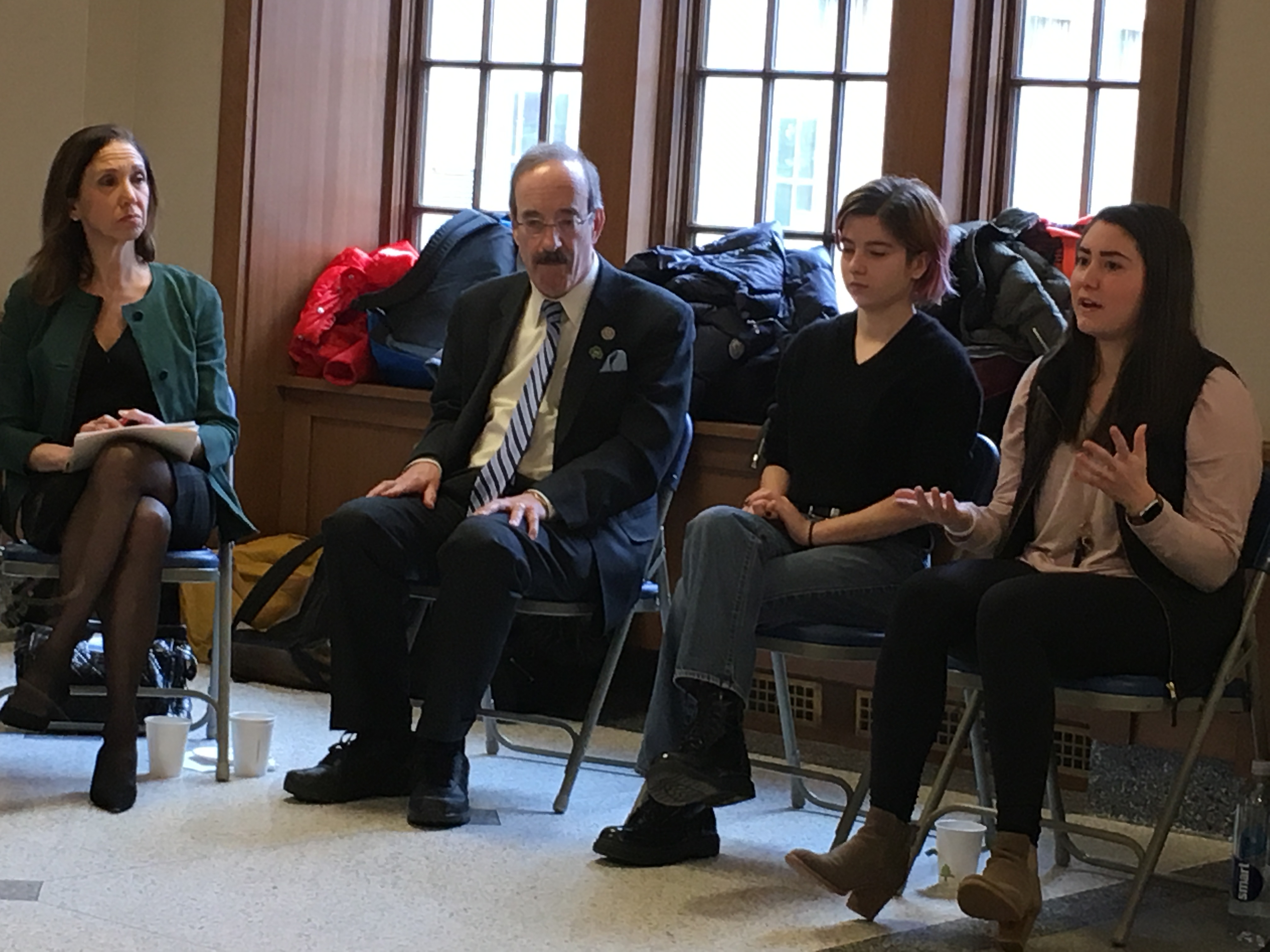 Assemblymember Amy Paulin joins Congressman Eliot Engel and Bronxville High School seniors in a conversation on gun violence and school safety on March 16, 2018.