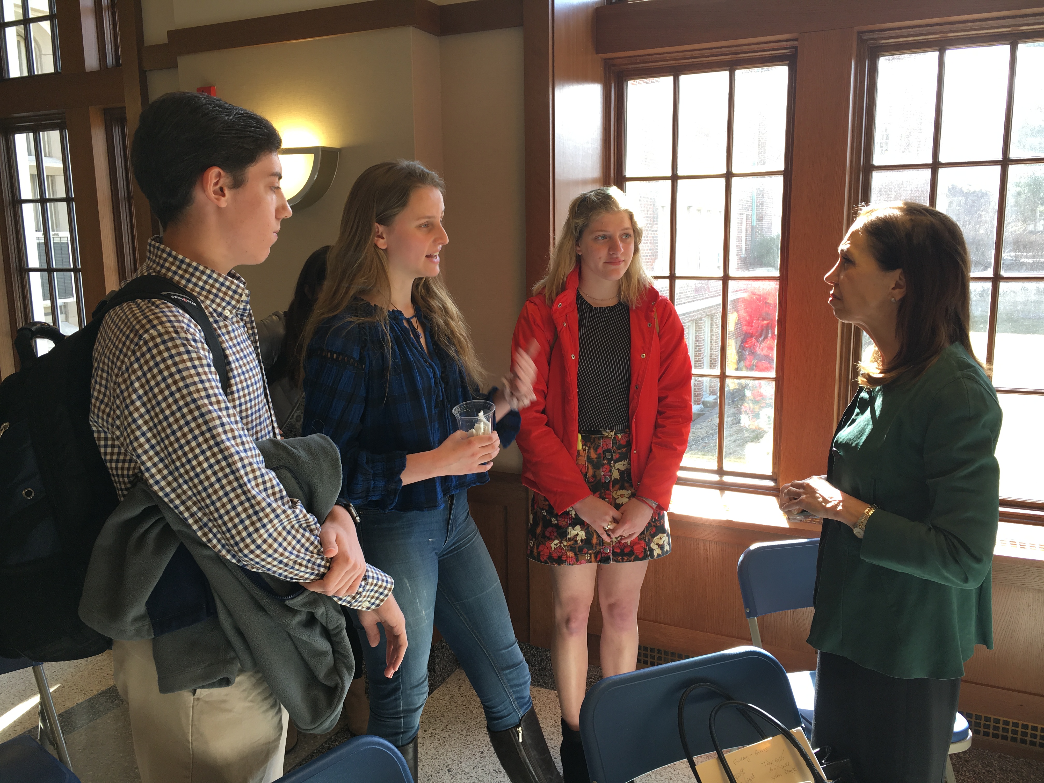 Assemblymember Amy Paulin joins Congressman Eliot Engel and Bronxville High School seniors in a conversation on gun violence and school safety on March 16, 2018.
