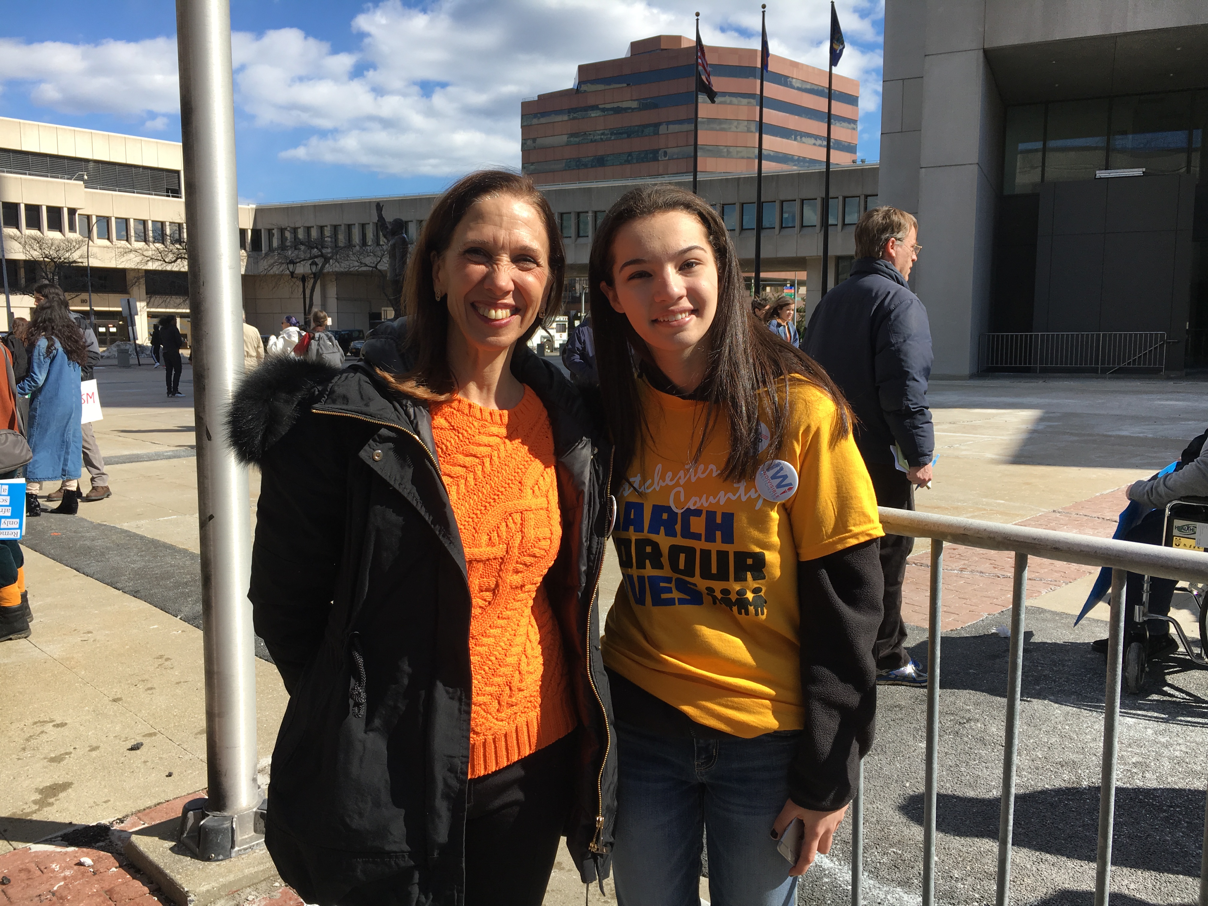Assemblymember Amy Paulin with White Plains High School student Kelly Marx at the conclusion of the Westchester March for Our Lives in White Plains on March 24, 2018.  Kelly was one of the lead organi