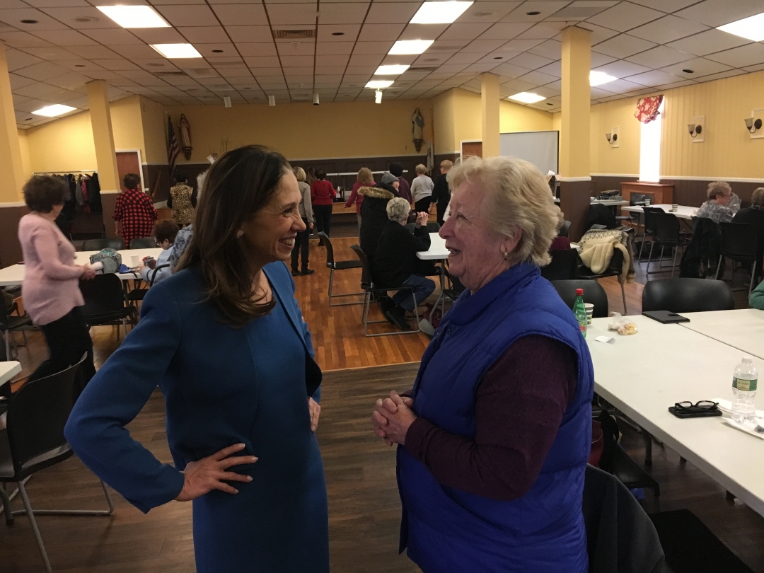 Amy Paulin visits seniors and brings cookies in Tuckahoe.