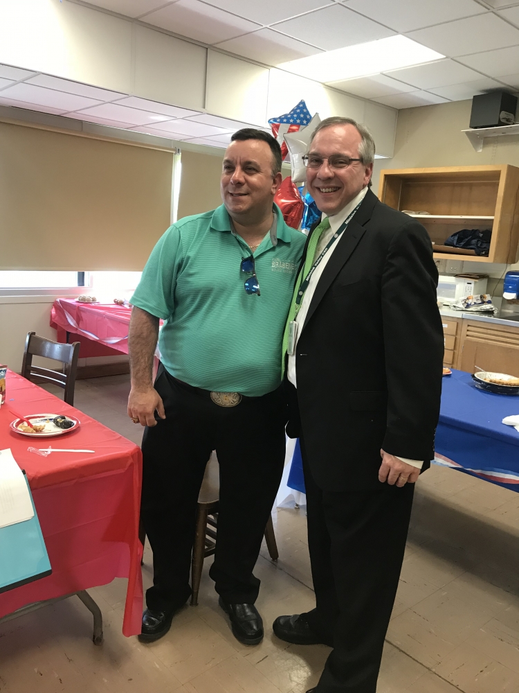 Assemblyman Karl Brabenec [front] listens to public policy ideas from students at Minisink Valley Intermediate School Friday