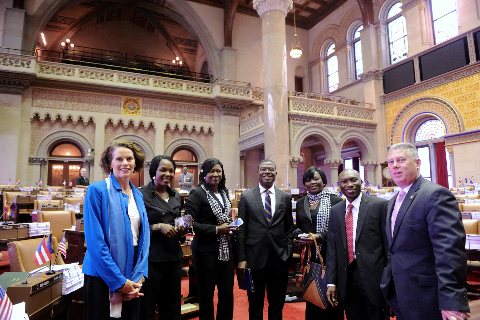 Assemblymembers Fahy and McDonald welcome Nigerian delegates from the International Center of the Capital Region to the Assembly Chambers