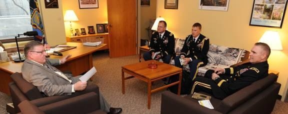 Assemblyman Ken Blankenbush (R,C,I-Black River) is joined by Ft. Drum officials Maj. Gen. Jeffrey L. Bannister, Commander of the base; Col. Gary A. Rosenberg,  Garrison Commander; and Capt. Townsend,