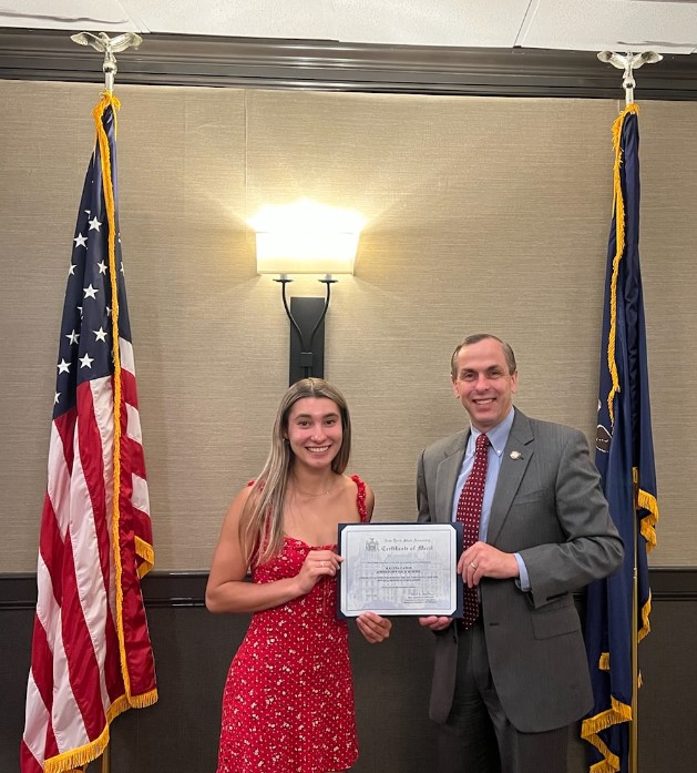 Assemblyman Robert Smullen [right] presents Johnstown High School Senior Kalena Eaton with a Certificate of Merit for receiving two college scholarships with intent to combat drunk and drugged driving