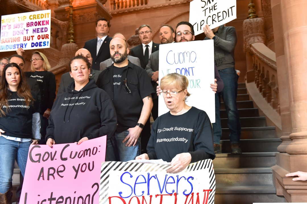 Assemblyman Brian Miller (R,I,C,Ref-New Hartford) joined restaurant workers at a rally today in the state Capitol to protect the state’s tipped wage credit.