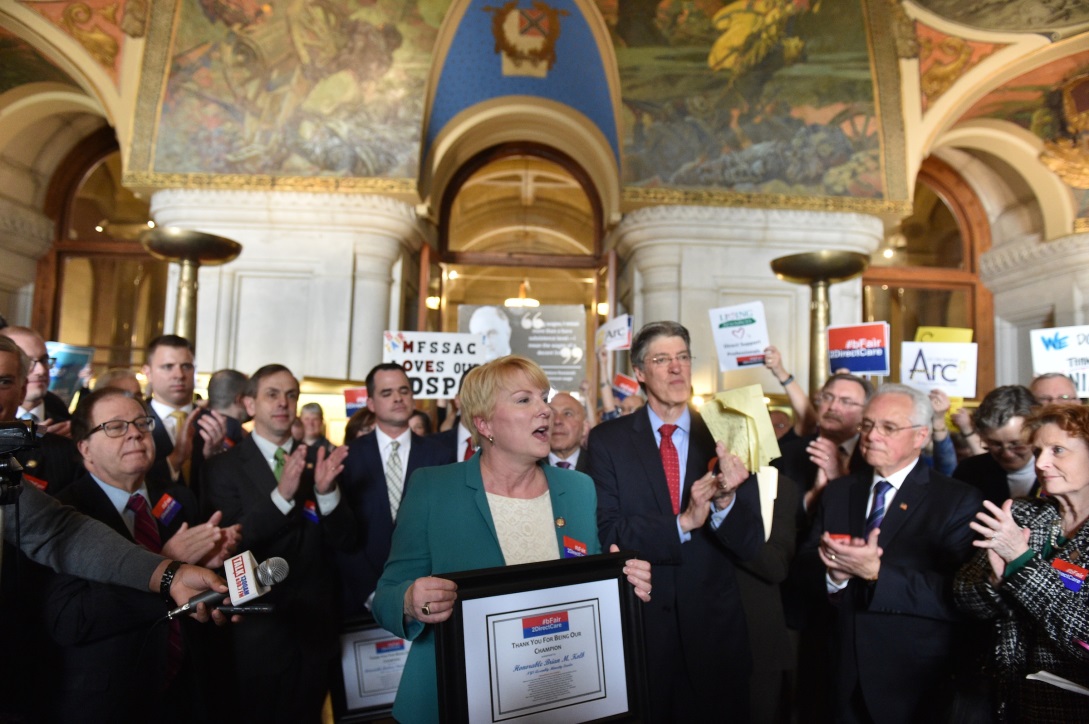 Pictured: Assemblywoman Mary Beth Walsh (R,C,I-Ballston) attends rally calling for a living wage for direct-care workers on Monday, March 25