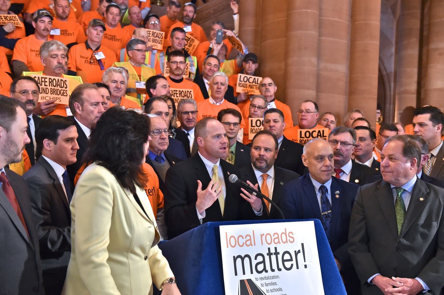 Assemblyman Joe DeStefano (R,C,I,Ref-Medford) pictured with local and county highway officials and legislators at the CHIPS rally in Albany on March 4, 2020.