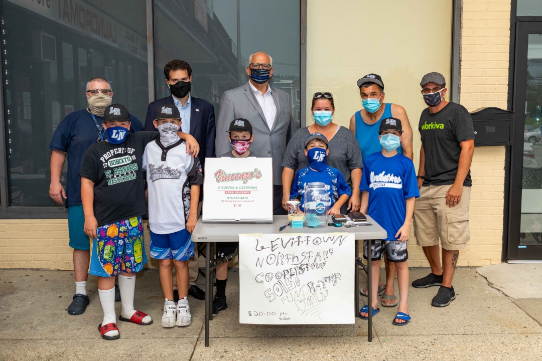 Assemblyman John Mikulin (R,C,I-Bethpage) joined (left to right, front row) Ethan Shapiro; Michael Sica; Jayden Keyes; Jack Sica; Matthew Marmo; (back row) Marc Shapiro; Mikulin; Town of Hempstead Councilman Dennis Dunne; Lauren Sica; Steve Cosentino and 